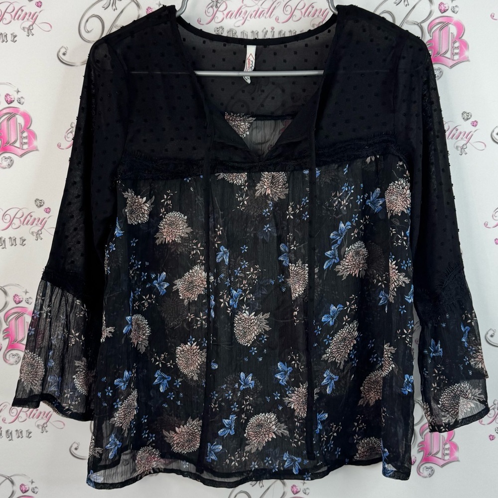 Lee cooper originals blouse long sleeve dotted Elegant Black Floral Women's Top